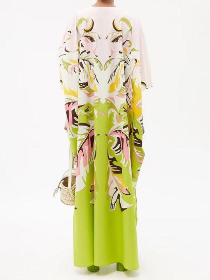 Trending Free Size Crepe Silk Beach Kaftan Green Off-White J5692