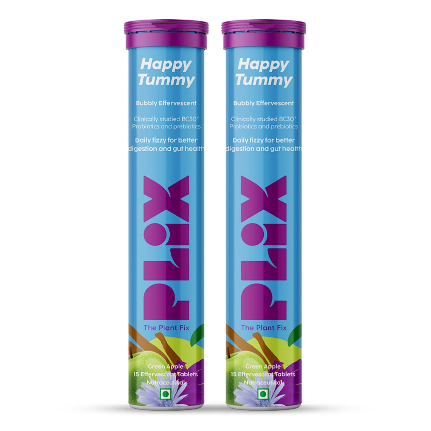 Plix Happy Tummy Pre & Probiotic Tablets - Digestive Health Support (15 Tabs, Pack of 2)