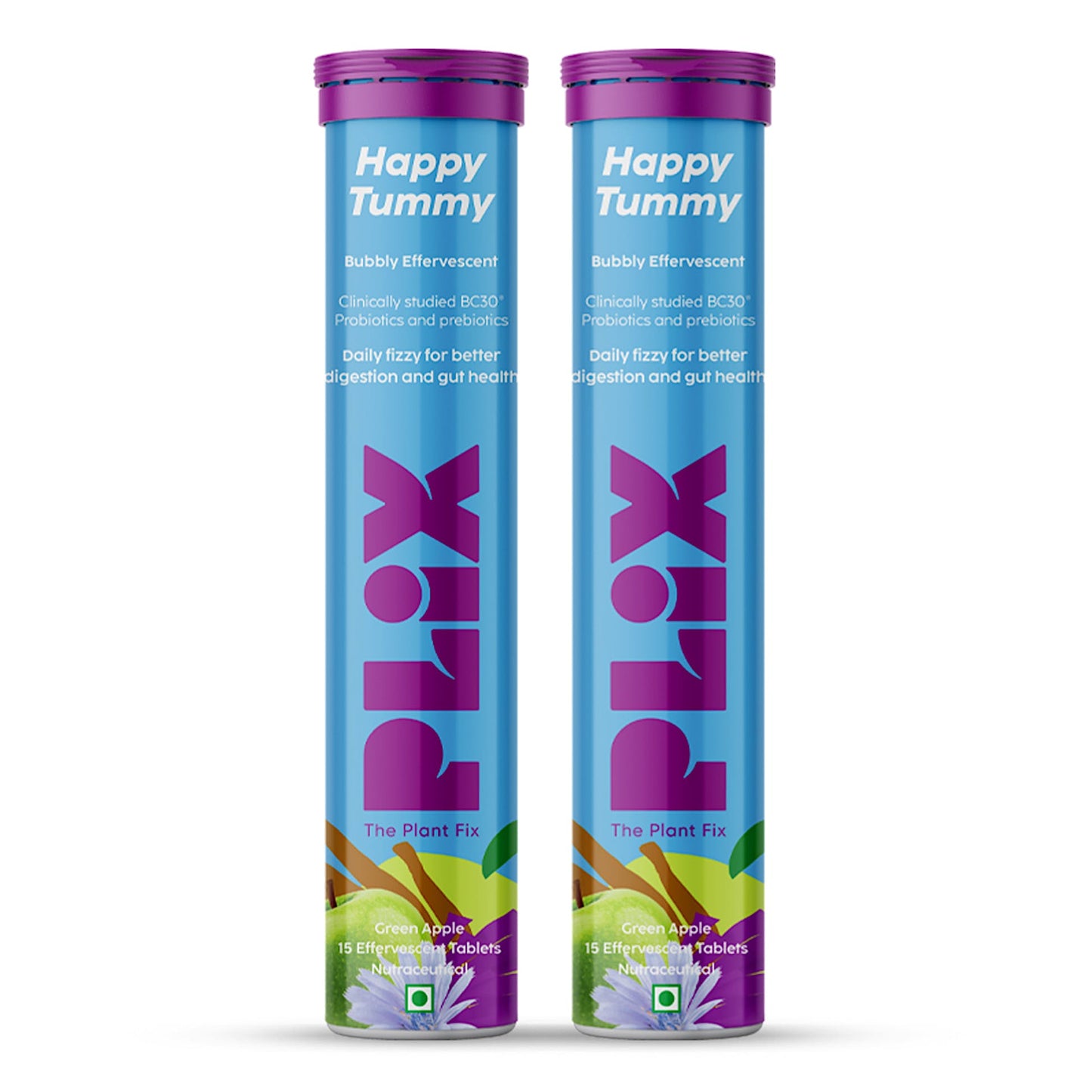 Plix Happy Tummy Pre & Probiotic Tablets - Digestive Health Support (15 Tabs, Pack of 2)