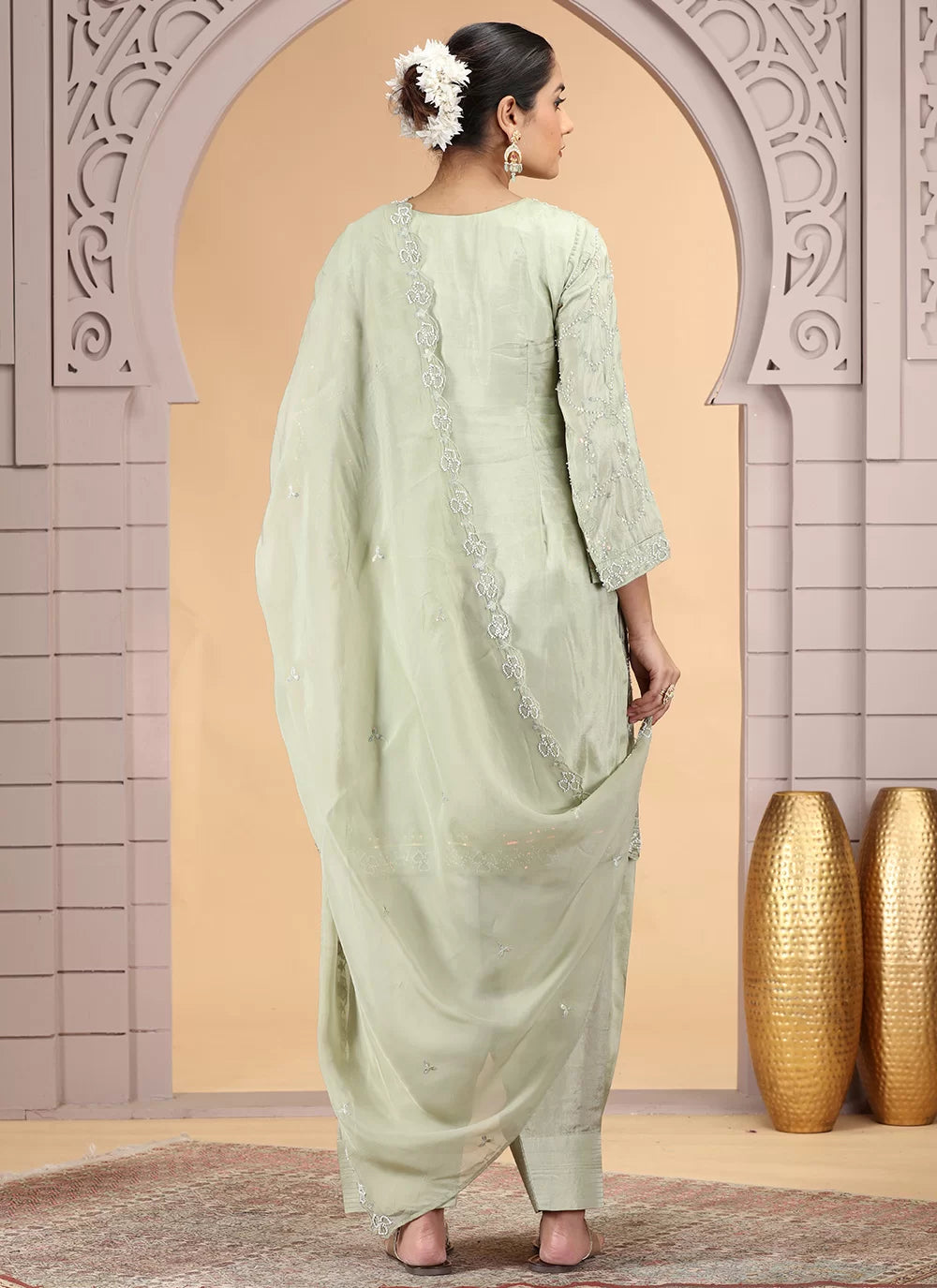 Chhap Light Green Colour Satin Silk Hand Work Salwar Suit