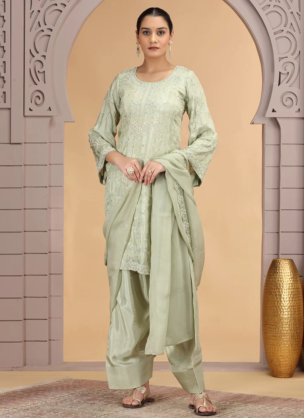 Chhap Light Green Colour Satin Silk Hand Work Salwar Suit