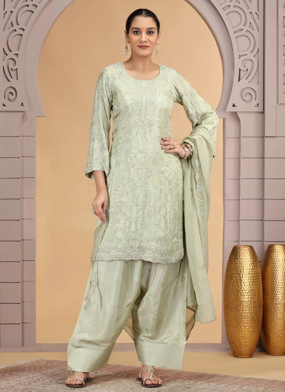 Chhap Light Green Colour Satin Silk Hand Work Salwar Suit