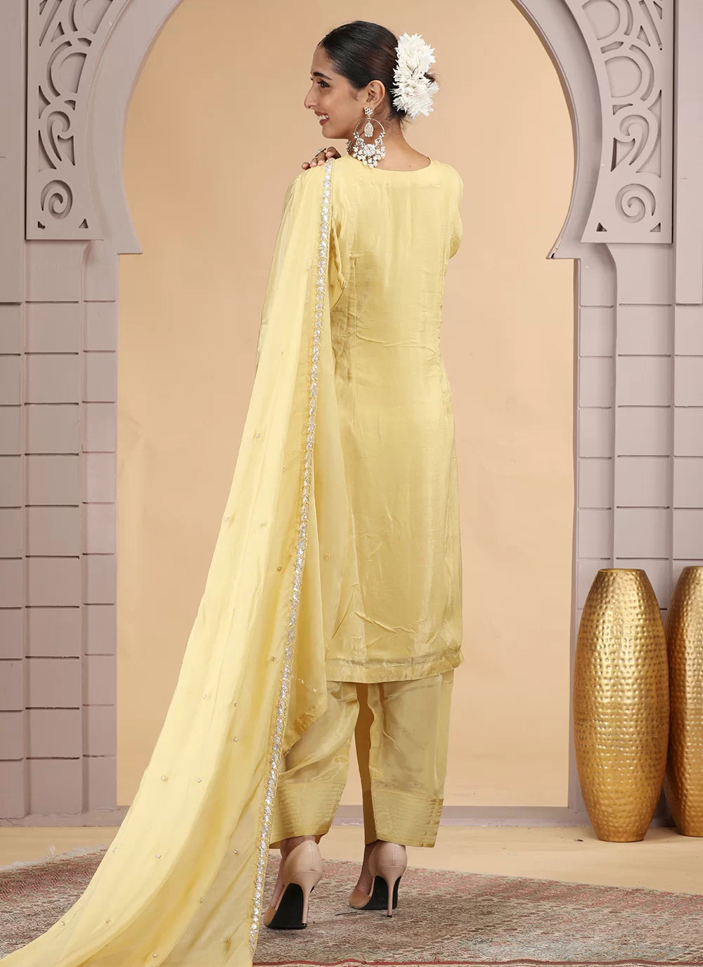 Chhap Yellow Colour Satin Silk Hand Work Salwar Suit