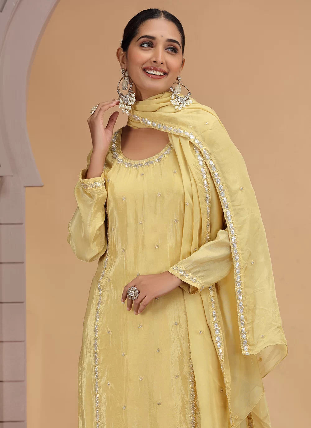Chhap Yellow Colour Satin Silk Hand Work Salwar Suit