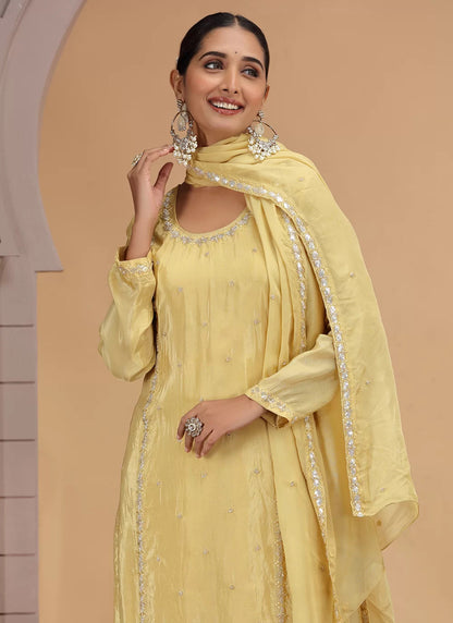 Chhap Yellow Colour Satin Silk Hand Work Salwar Suit