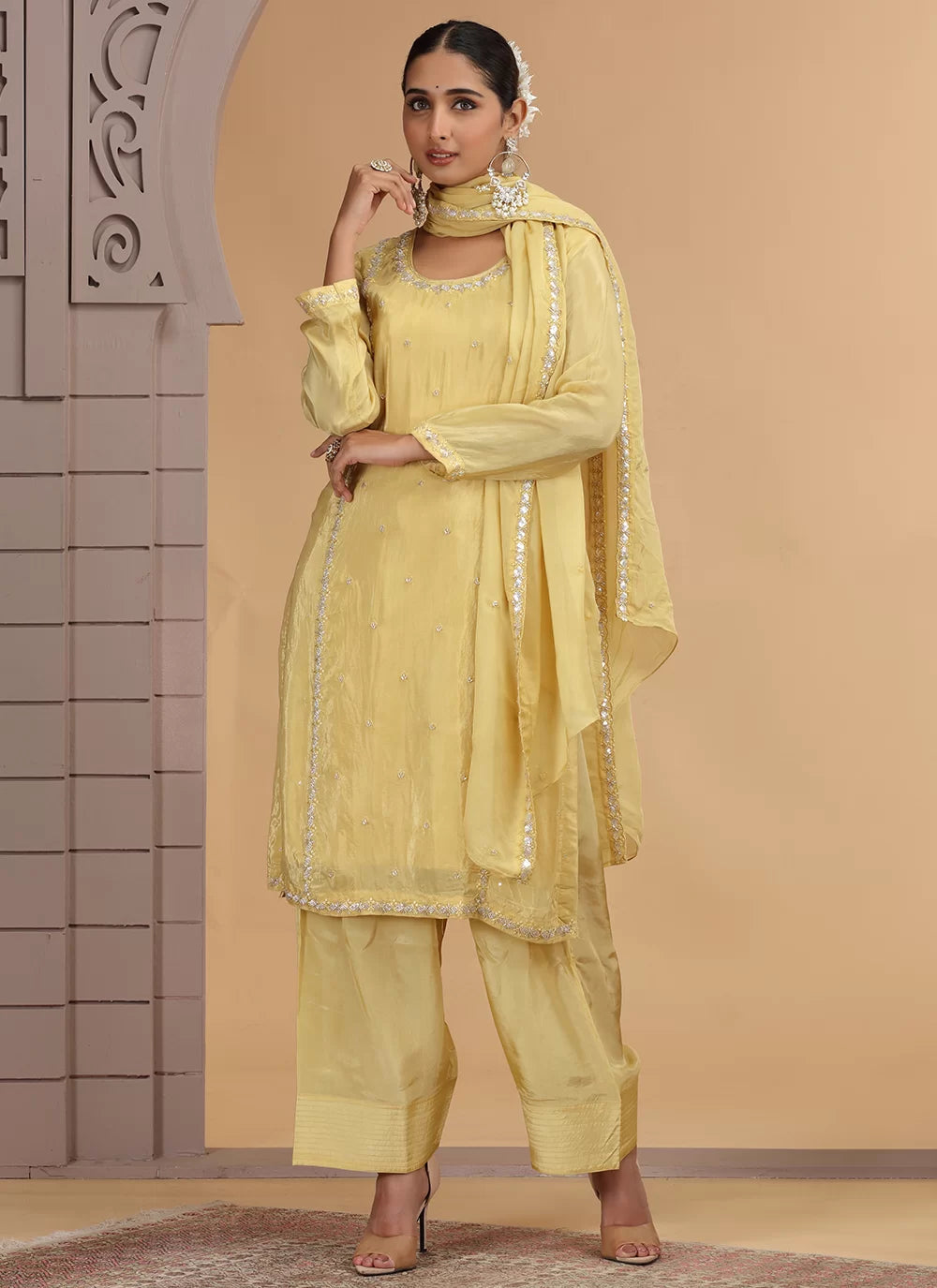Chhap Yellow Colour Satin Silk Hand Work Salwar Suit