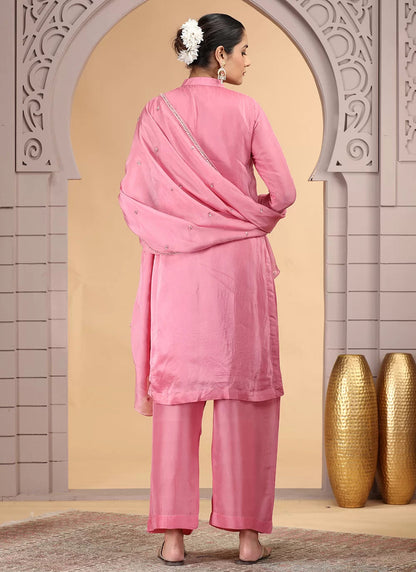 Chhap Pink Colour Satin Silk Hand Work Salwar Suit
