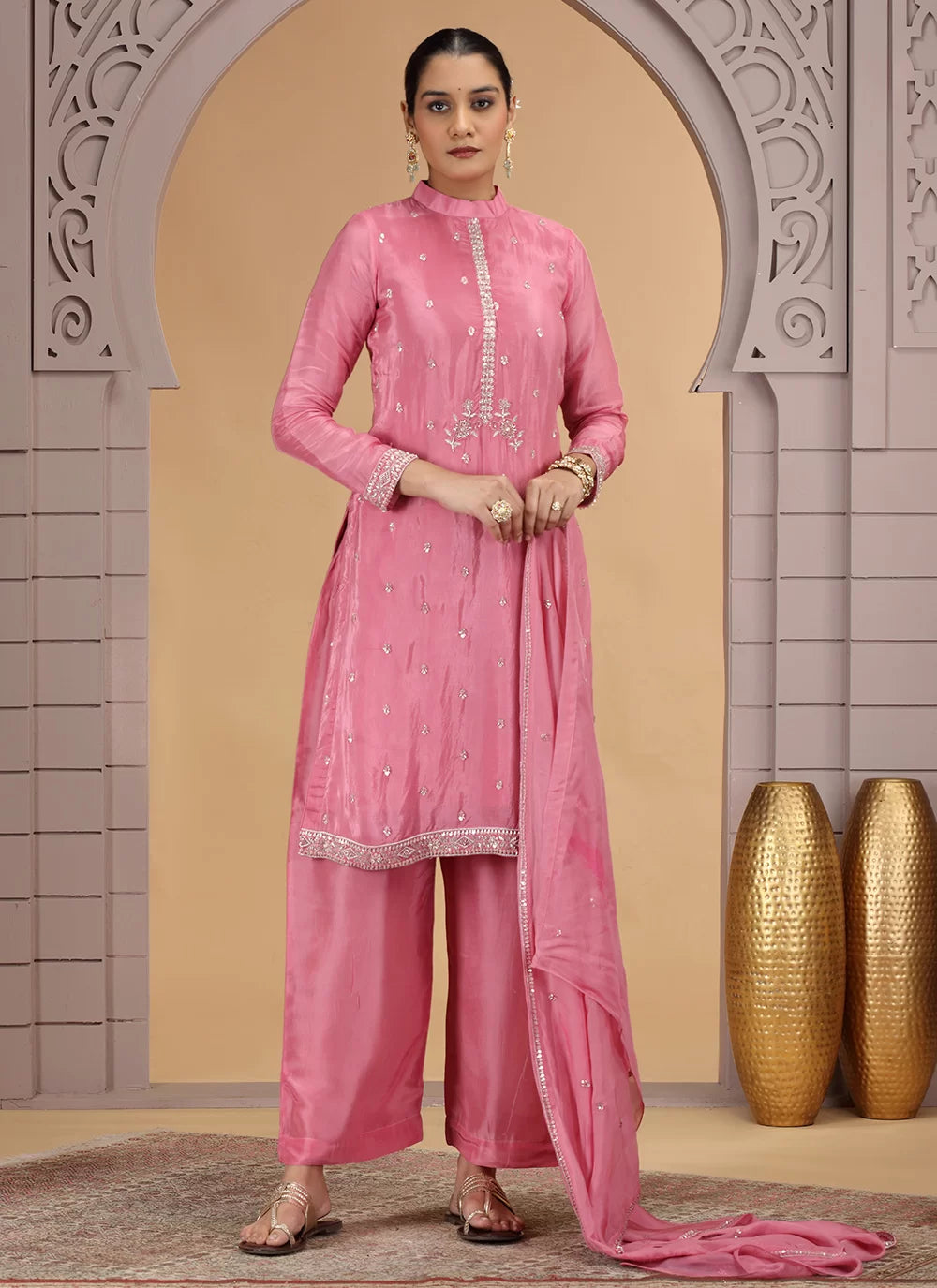 Chhap Pink Colour Satin Silk Hand Work Salwar Suit