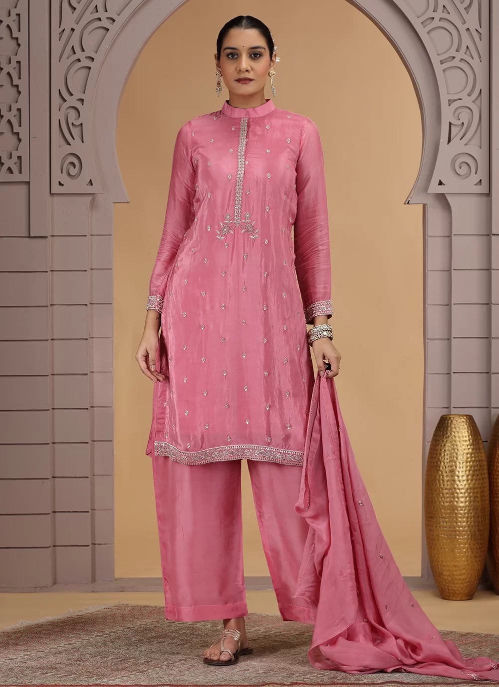 Chhap Pink Colour Satin Silk Hand Work Salwar Suit