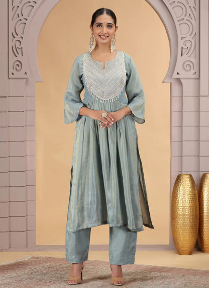 Chhap Firozi Colour Organza Shimmer Hand Work Salwar Suit