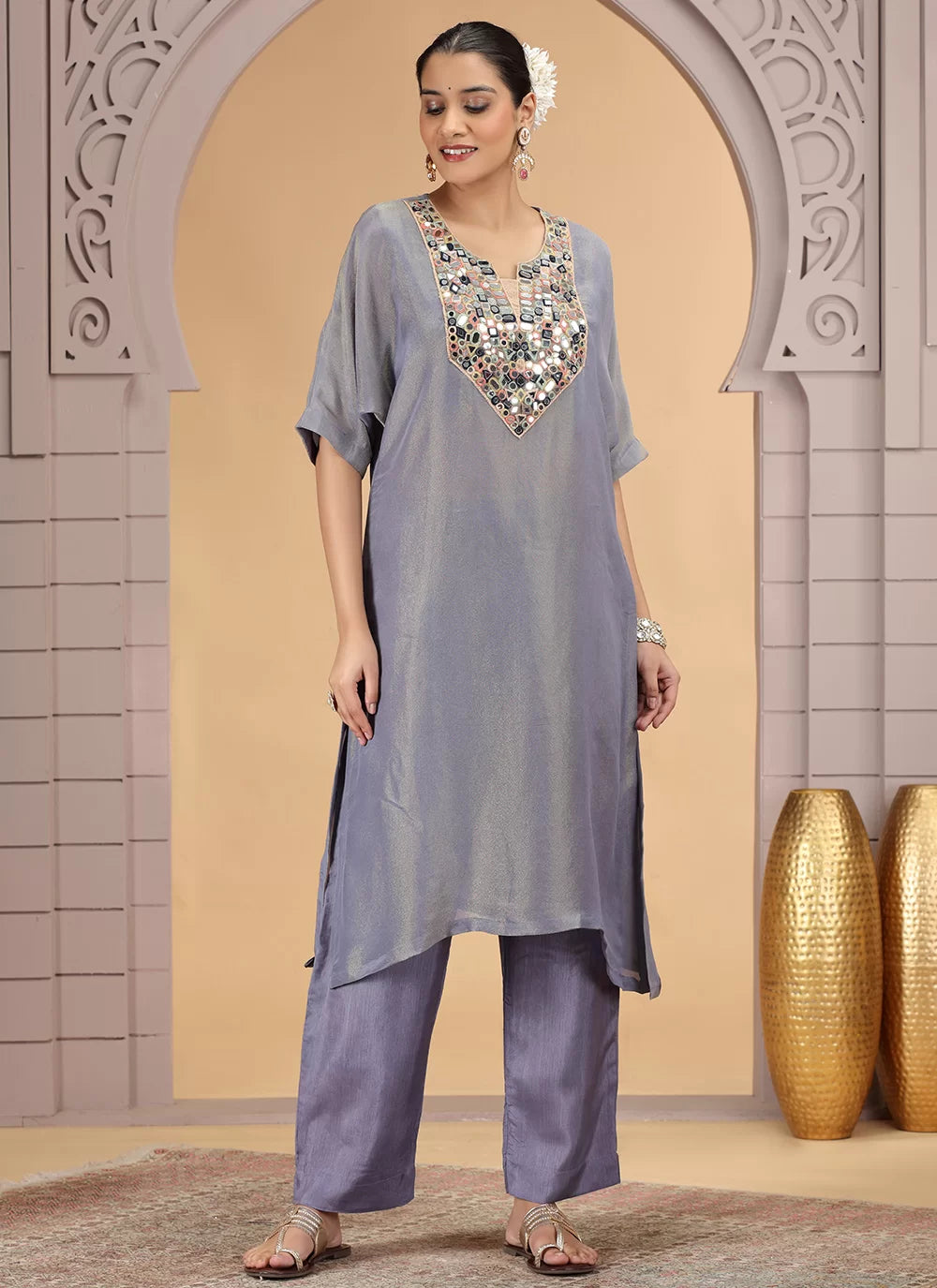 Chhap Grey Colour Organza Shimmer Hand Work Salwar Suit