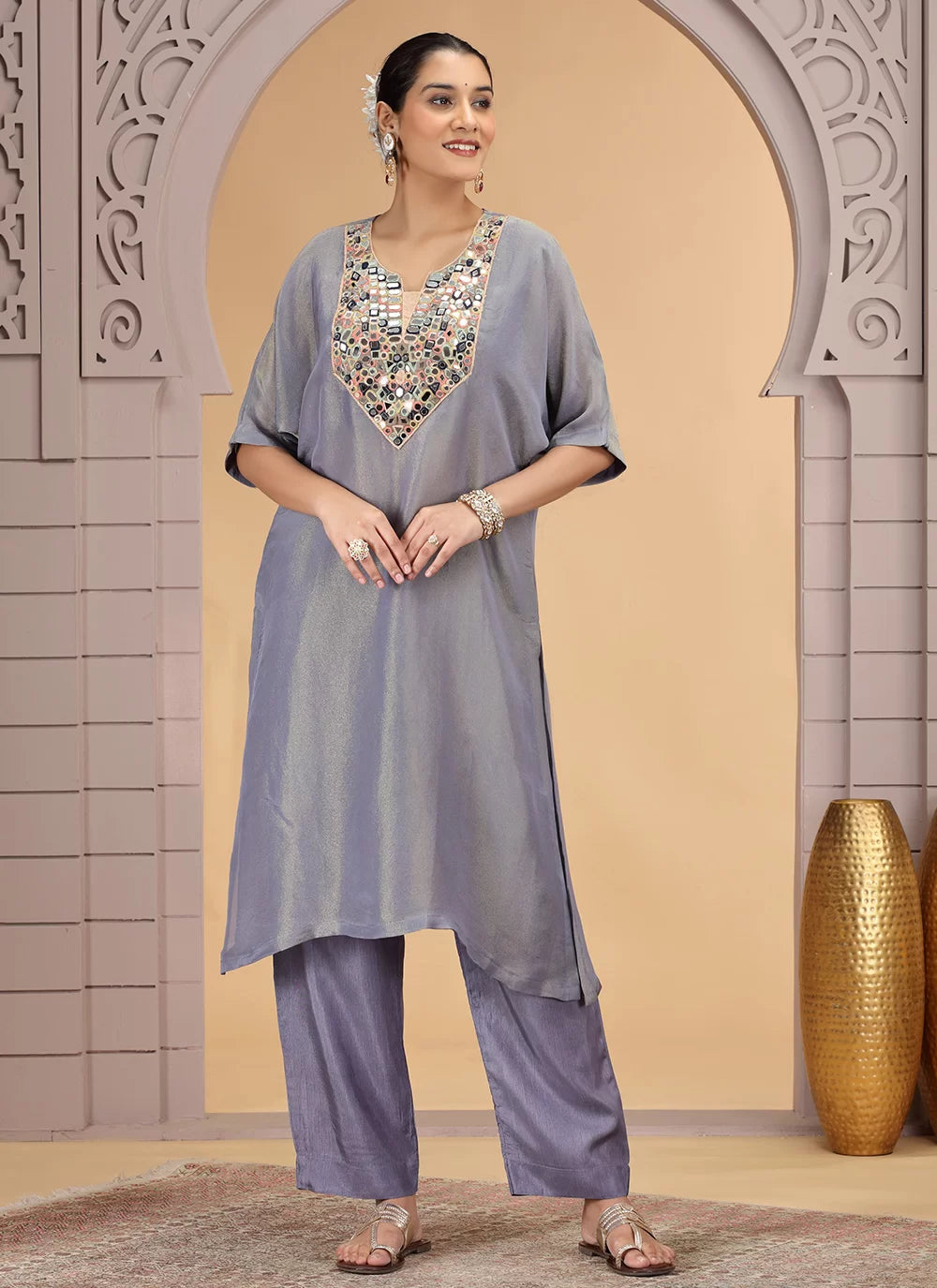 Chhap Grey Colour Organza Shimmer Hand Work Salwar Suit