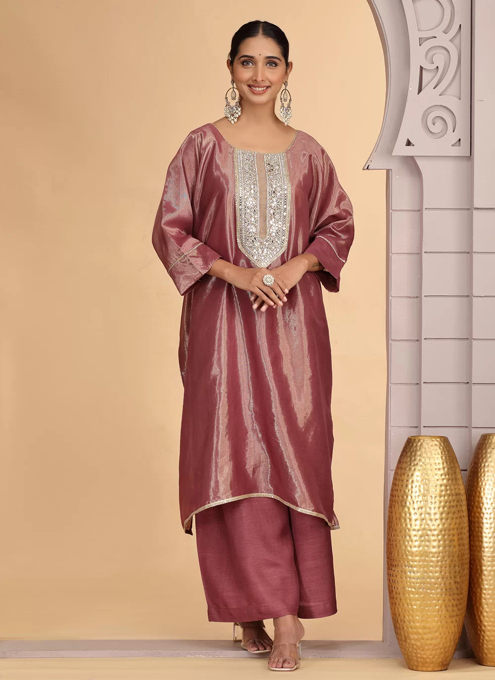 Chhap Rust Brown Colour Organza Shimmer Hand Work Salwar Suit