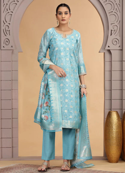 Chhap Organza Jacquard Woven and Hand Work Salwar Suit In Sky Blue Colour