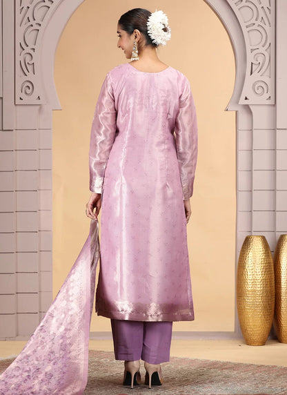 Chhap Organza Jacquard Woven and Hand Work Salwar Suit In Purple Pink Colour