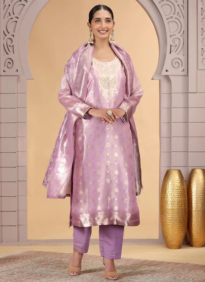 Chhap Organza Jacquard Woven and Hand Work Salwar Suit In Purple Pink Colour