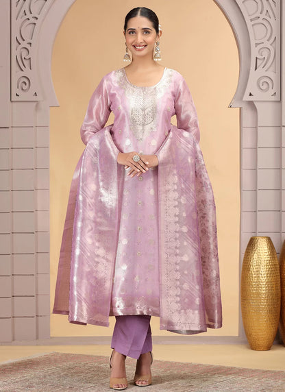 Chhap Organza Jacquard Woven and Hand Work Salwar Suit In Purple Pink Colour