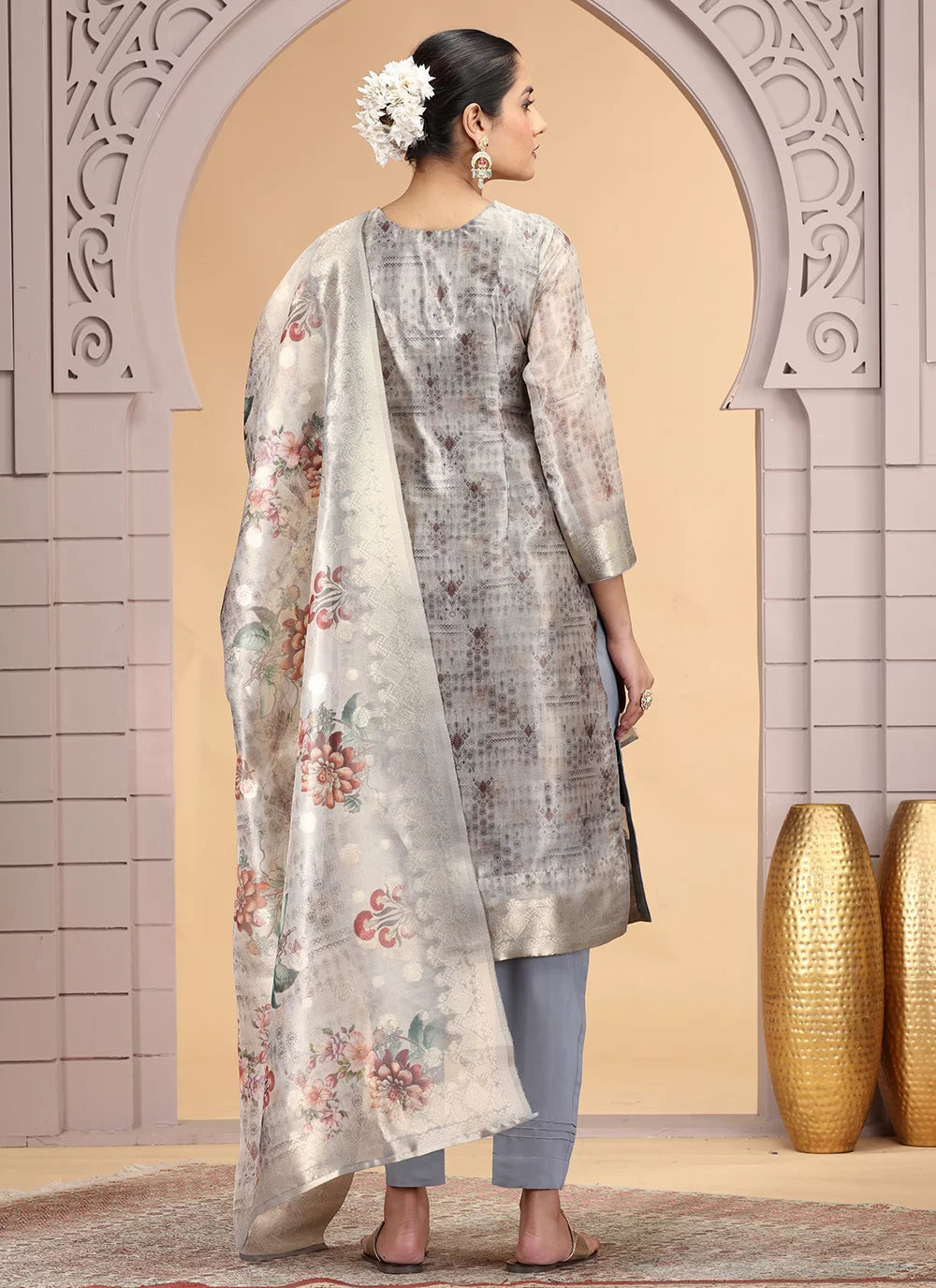 Chhap Organza Jacquard Woven and Hand Work Salwar Suit In Grey Brown Colour