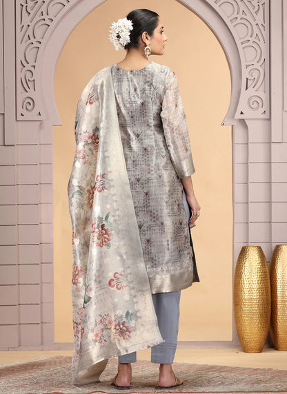 Chhap Organza Jacquard Woven and Hand Work Salwar Suit In Grey Brown Colour
