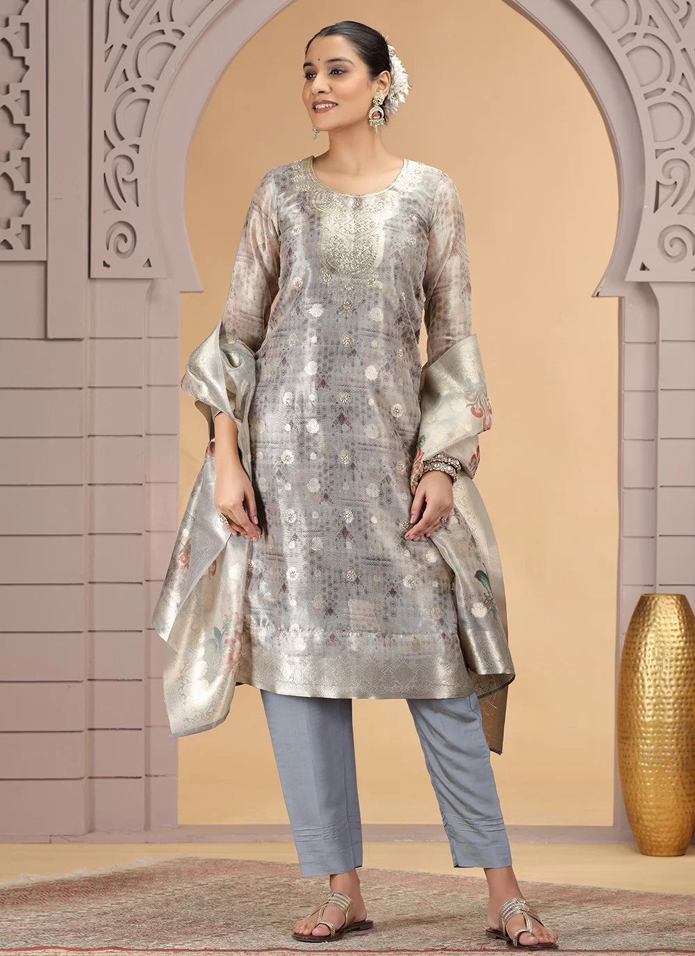 Chhap Organza Jacquard Woven and Hand Work Salwar Suit In Grey Brown Colour