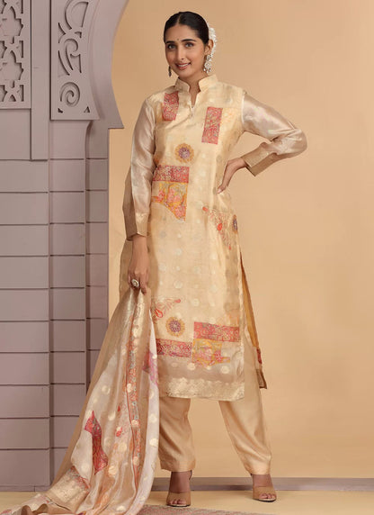 Chhap Organza Jacquard Woven and Hand Work Salwar Suit In Black Golden Colour
