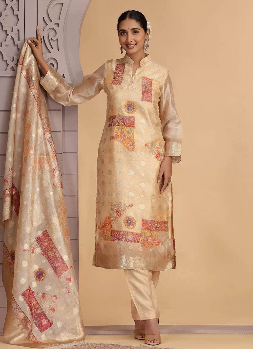 Chhap Organza Jacquard Woven and Hand Work Salwar Suit In Black Golden Colour