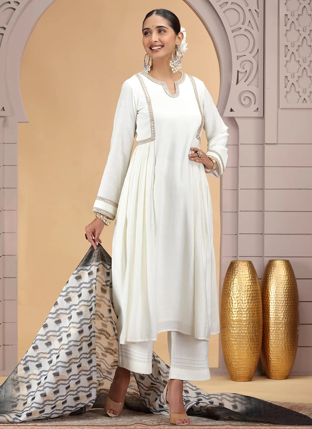 Chhap Chiffon Printed and Hand Work Salwar Suit In Off White Colour