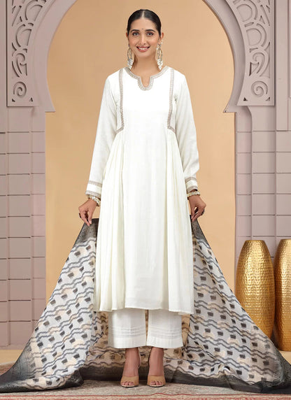 Chhap Chiffon Printed and Hand Work Salwar Suit In Off White Colour