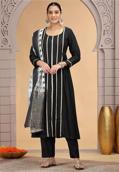 Chhap Chiffon Printed and Hand Work Salwar Suit In Black Colour