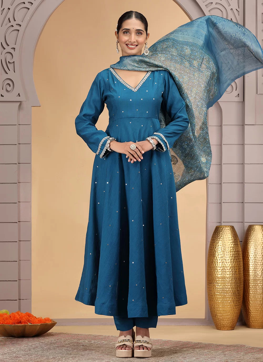 Chhap Teal Blue Colour Chiffon Hand Work Salwar Suit
