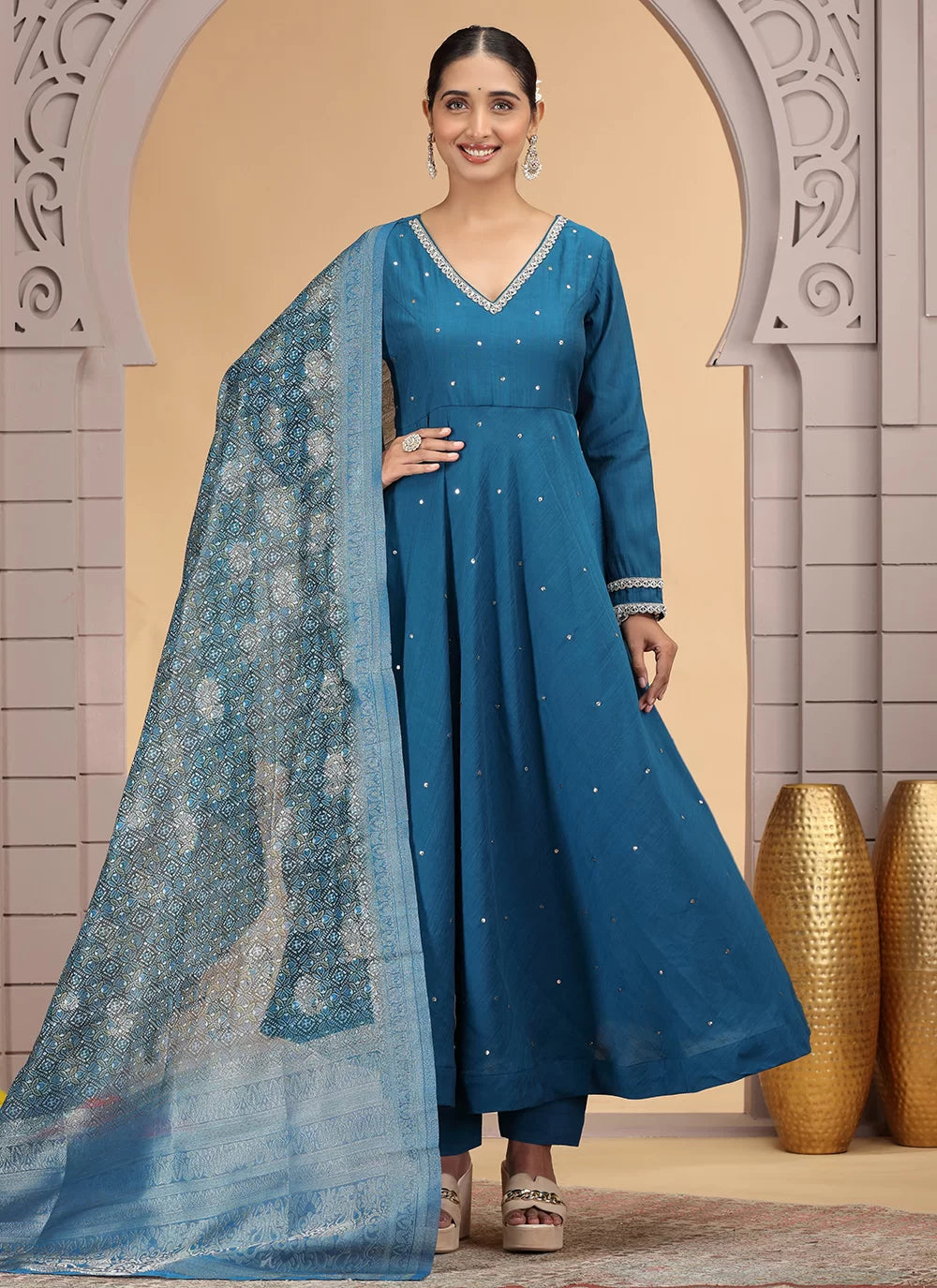 Chhap Teal Blue Colour Chiffon Hand Work Salwar Suit