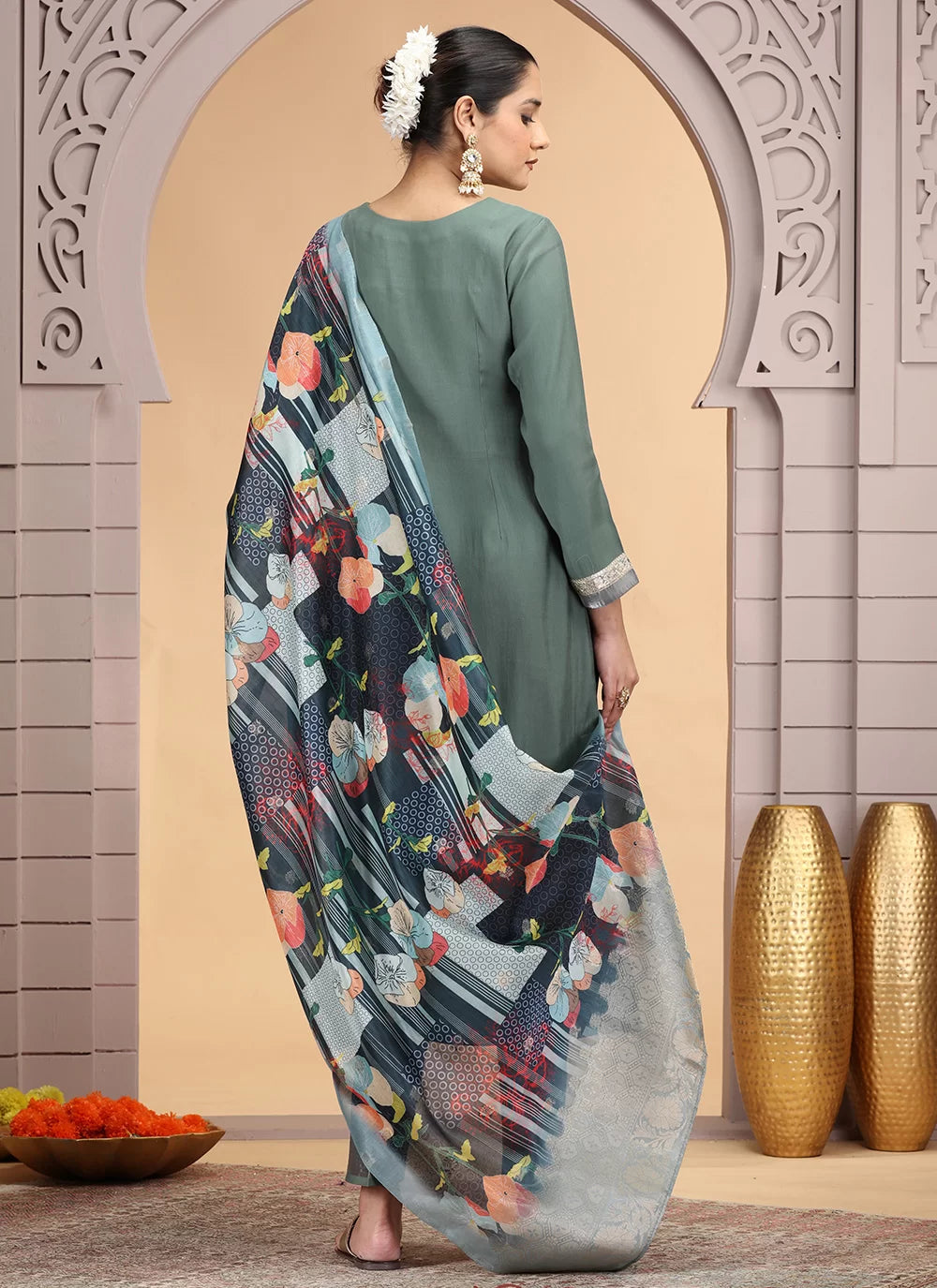Chhap Tissue Green Colour Chiffon Hand Work Salwar Suit