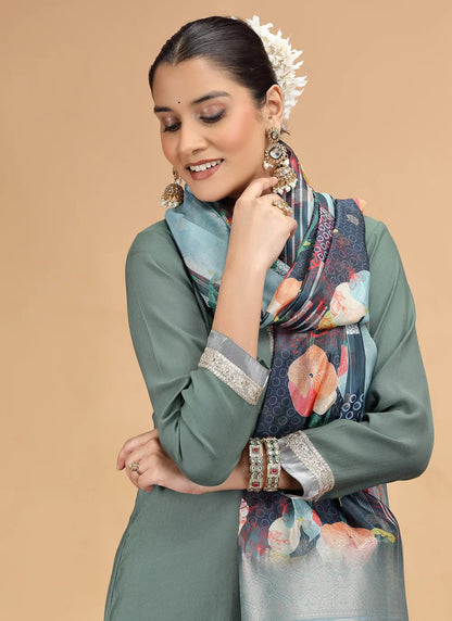 Chhap Tissue Green Colour Chiffon Hand Work Salwar Suit