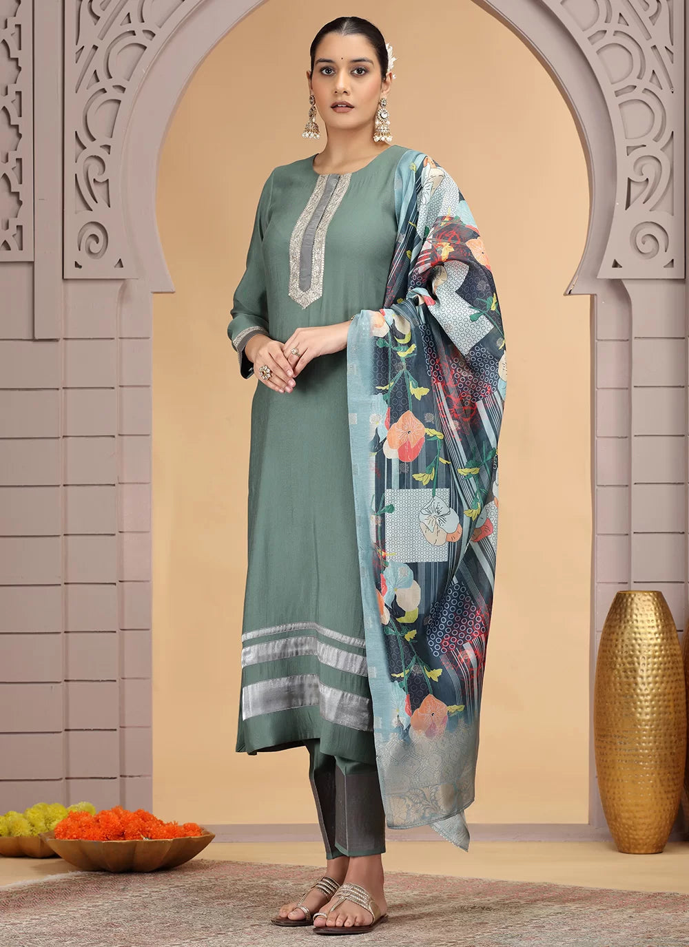 Chhap Tissue Green Colour Chiffon Hand Work Salwar Suit