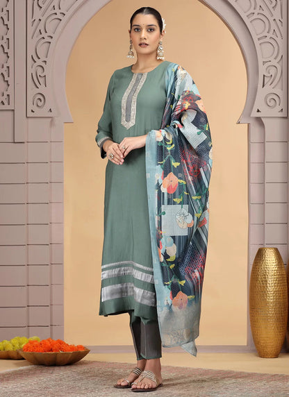Chhap Tissue Green Colour Chiffon Hand Work Salwar Suit