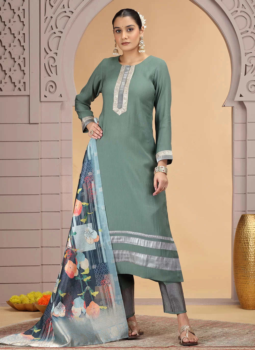 Chhap Tissue Green Colour Chiffon Hand Work Salwar Suit