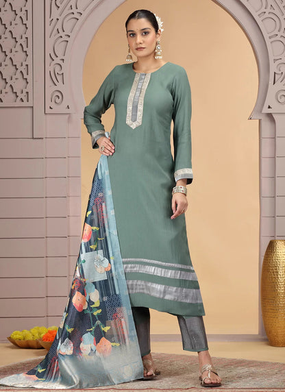 Chhap Tissue Green Colour Chiffon Hand Work Salwar Suit