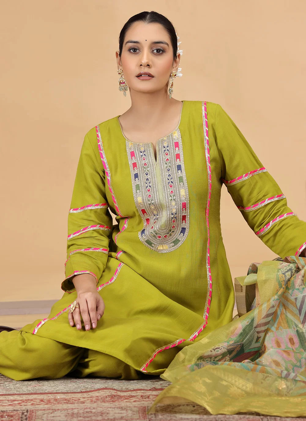 Chhap Mehendi Yellow Colour Chiffon Embroidery Salwar Suit