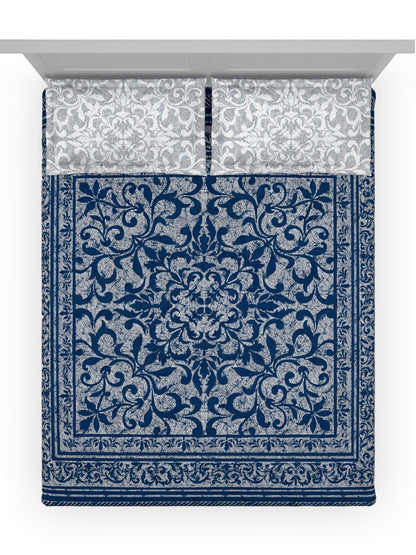 DDecor Blue & White Ethnic Motifs Cotton 140 TC King Bedsheet With 2 Pillow Covers