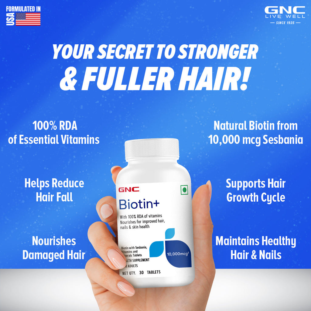 GNC Biotin 10,000mcg  Reduces Hair Fall & Promotes New Hair Growth - 30 tabs