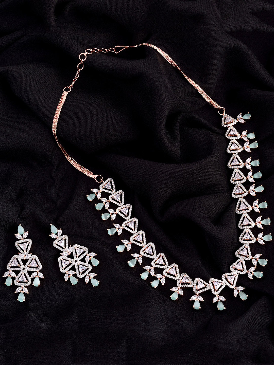 Saraf RS Jewellery Rose Gold-Polished White & Sea Green AD-Studded Handcrafted Jewellery Set