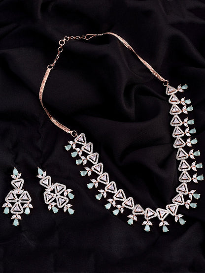Saraf RS Jewellery Rose Gold-Polished White & Sea Green AD-Studded Handcrafted Jewellery Set