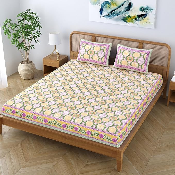 Colorish Cotton Blend Floral Printed Jaipuri King Size Double Bedsheet Set with 2 Pillow Covers | Misty Rose