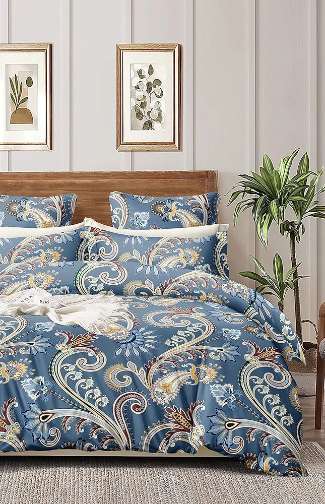 The Home Style Cotton Feel Glace Cotton Elastic Fitted Printed Queen Size Double Bed Bedsheet with 2 Pillow Cover 300TC Ash Berry Abstract