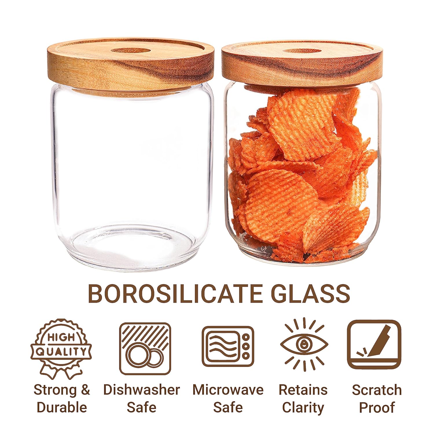 Femora Kitchen Storage Jars Borosilicate Glass Jar for Kitchen With Wooden Lid Air Tight Jar | 500 Ml | Pack of 2