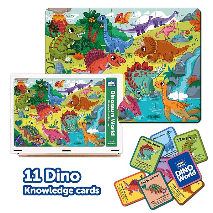 Mini Leaves 48 Piece Wooden Puzzle for Kids & Adults | Dinosaurs Jigsaw Puzzle | Fun & Challenging Floor Wooden Puzzle Game