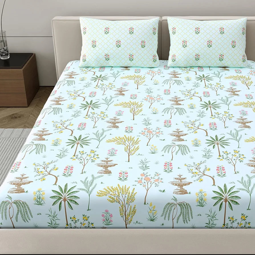 Dreamscape Cotton King Fitted Floral Bedsheet With 2 Pillow Covers Mint Green