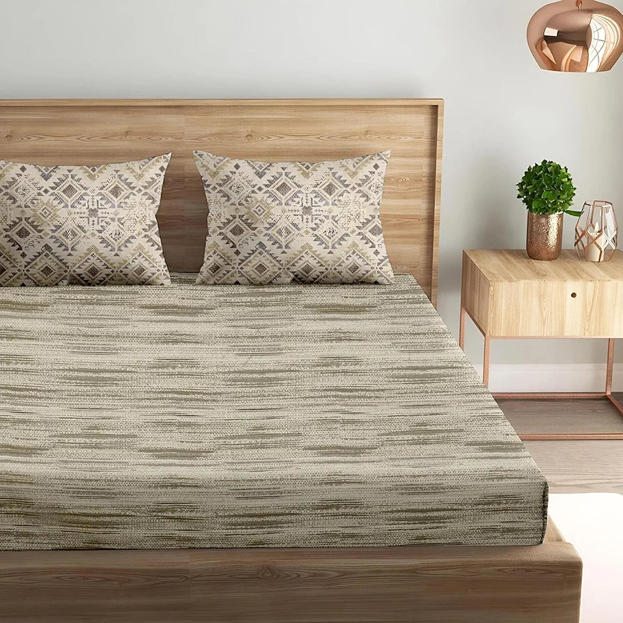Trance Home Linen 100% Cotton 180 TC Bedsheet Queen Size Printed Fitted Bedspread with 2 Pillow Covers Colour Dhariya Taupe