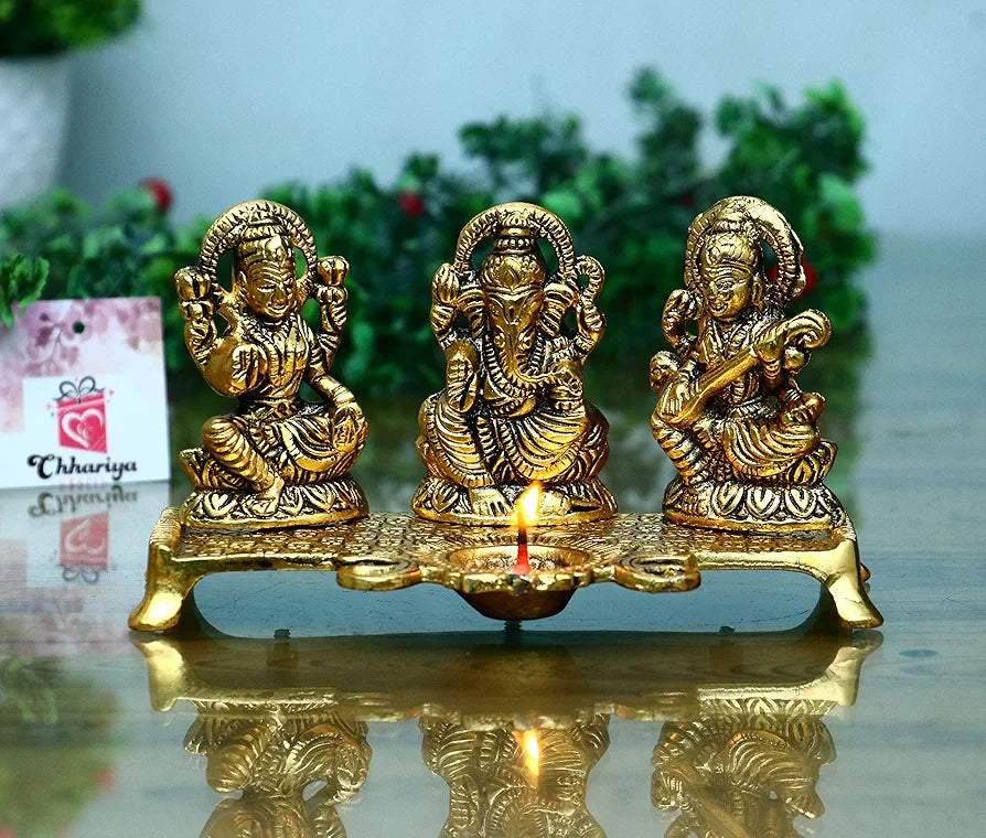 Chhariya Crafts Laxmi Ganesh Saraswati With Diya Decorative Showpiece - 19 Cm