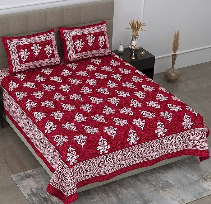 Colorish Floral 144 TC 100% Cotton Double Bedsheet with 2 Pillow Covers | Burgundy